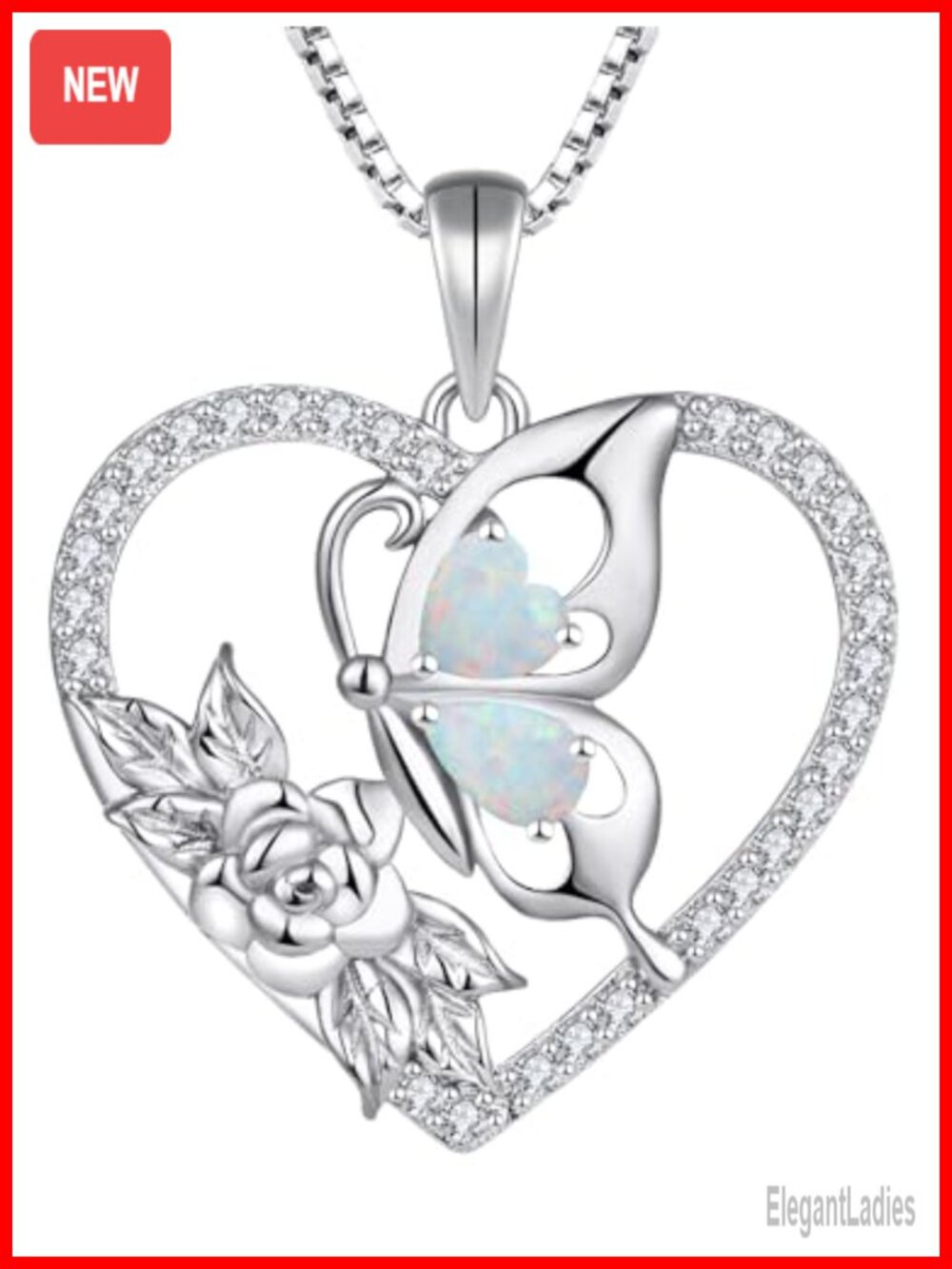 925 Sterling Silver Butterfly Necklace Heart Created Opal Pendant